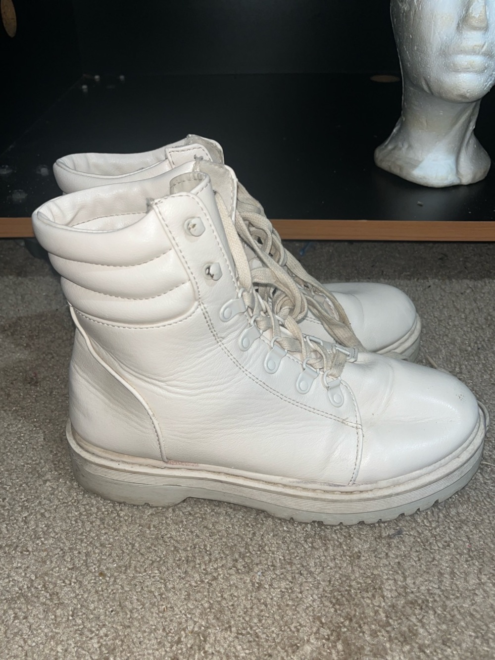 Women's White Lace-Up Leather Combat Boots